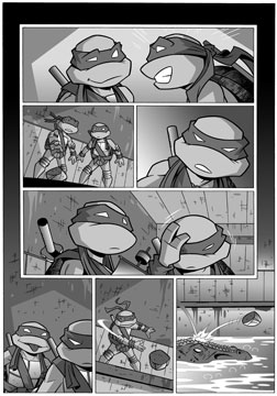 Raph hits Leatherhead with a rock.